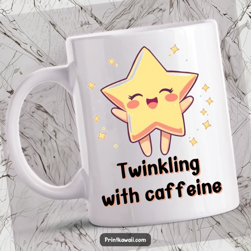 Funny mug with a happily spinning, sparkly star character, radiating pure joy and energy, a delightful gift.