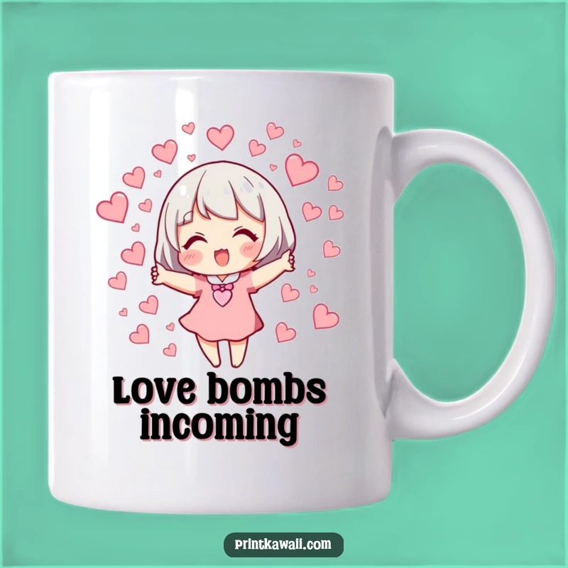 Funny Love Greeting Mug: Character Releasing Hearts, Perfect Romantic Gift