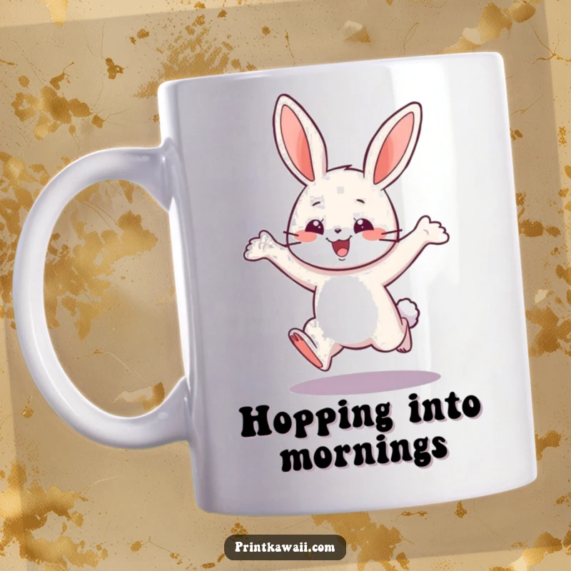 Funny mug showing a playful bunny character in a joyful leap, symbolizing happiness, energy, and a lighthearted spirit.