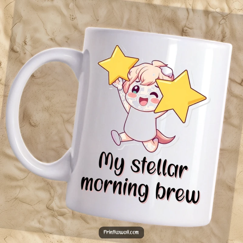 Funny Mug featuring a character leaping with pure glee, holding a large, shining star, symbolizing success and joy.
