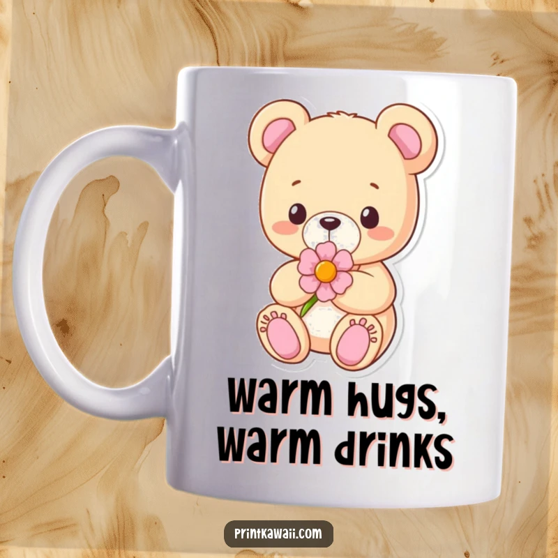Funny Teddy Bear Mug featuring a content teddy bear character sweetly holding a flower, radiating warmth and gentle comfort.