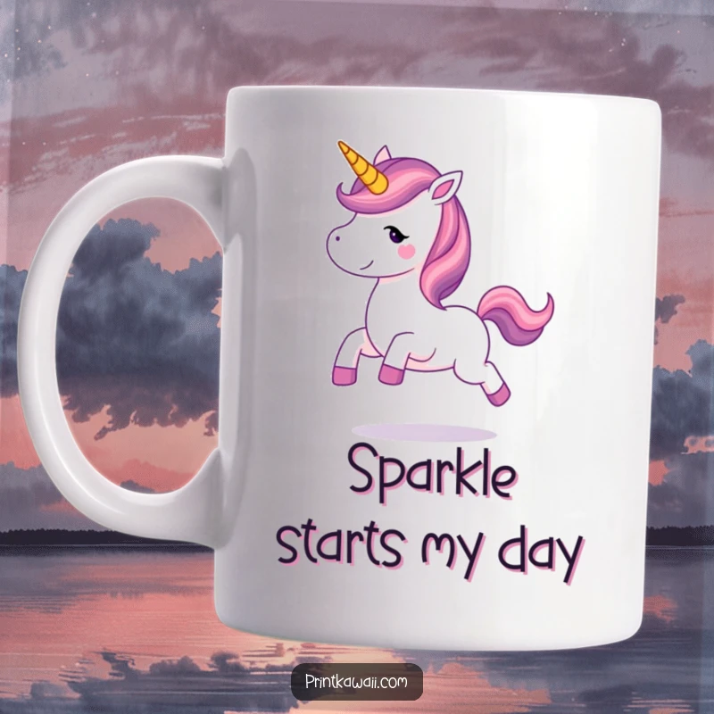 Funny unicorn character prancing joyfully on a mug, radiating magical happiness and whimsical charm for a delightful experience.