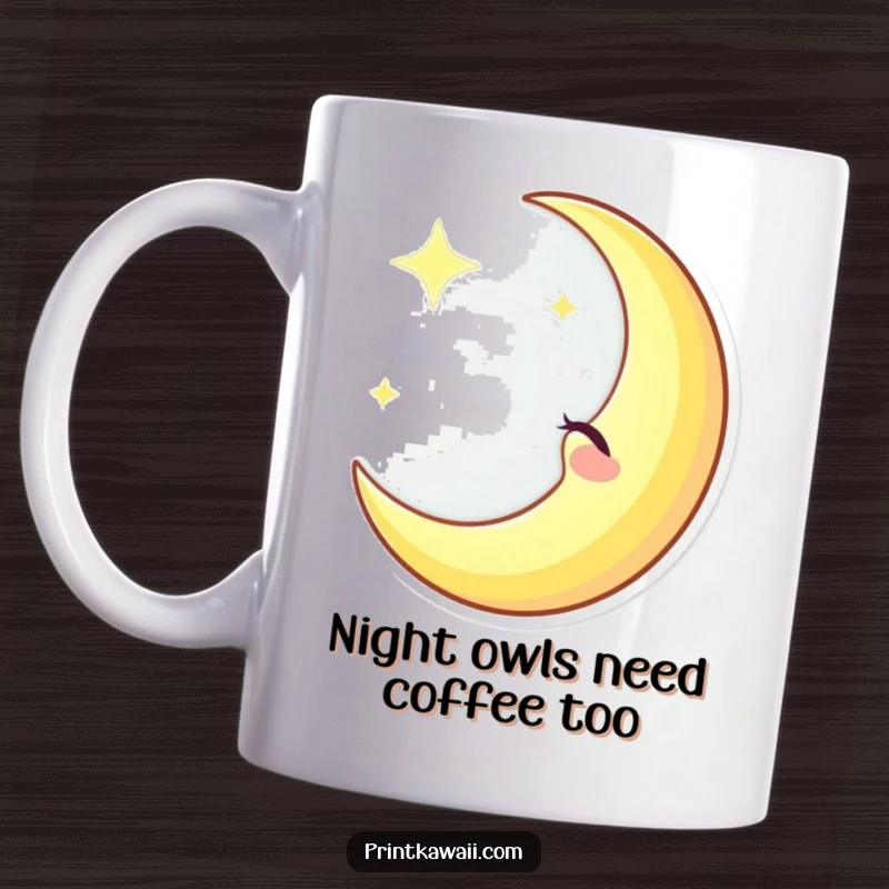Funny winking crescent moon character pouring gentle glow onto a mug, glowing with celestial humor, perfect funny gift.