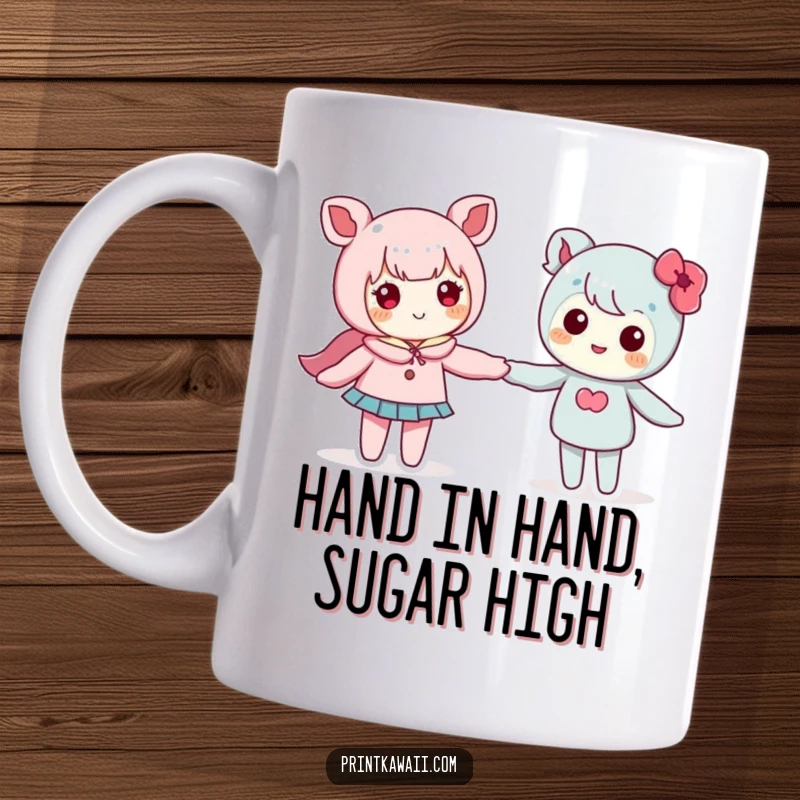 Funny mug with two cute kawaii characters holding hands, symbolizing friendship, love, and sweet connection.