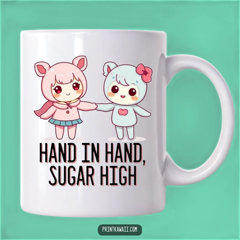 Funny Friendship Mug: Cute Kawaii Pair Holding Hands, Sweet Gift