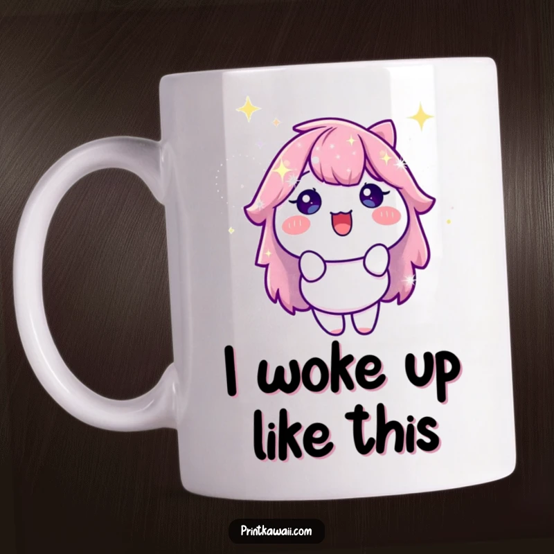 Funny Mug featuring a delighted, stylized sparkle character radiating joy and positivity with shimmering effects, perfect for a cheerful personality.