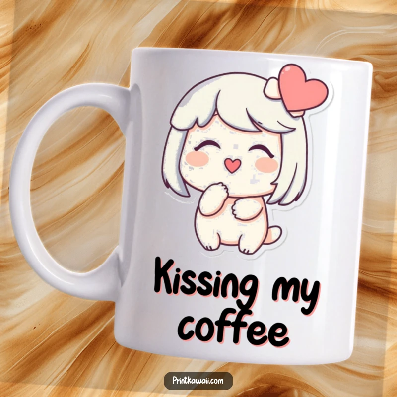 Funny mug featuring a character smiling gently, blowing a kiss towards a heart, expressing sweet, romantic affection and warmth adorably.