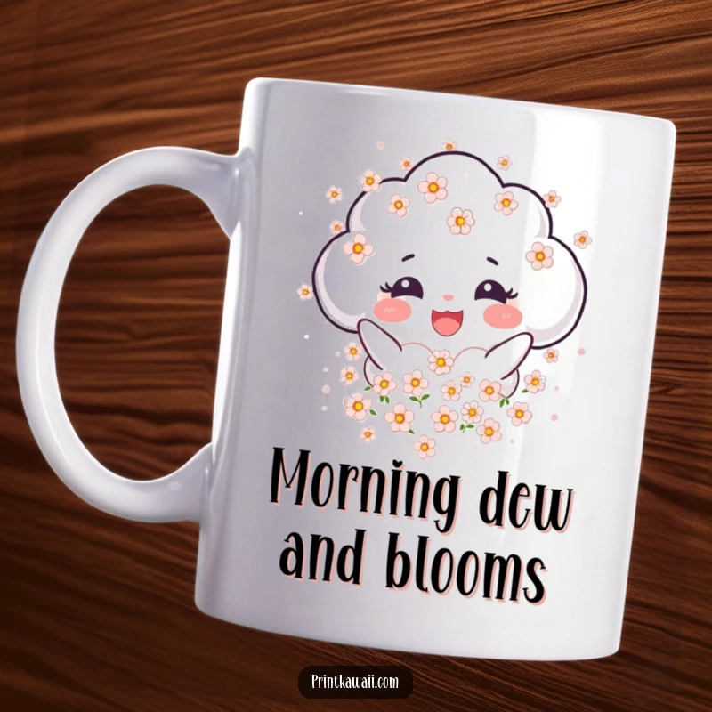 Funny Cloud Mug featuring a joyful cloud character showering delicate blossoms, bringing gentle happiness and beauty.
