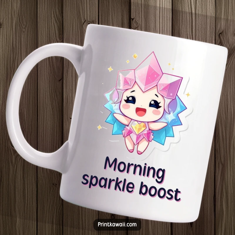 Funny Mug featuring a sparkling gem character radiating happiness, symbolizing inner joy and vibrant positivity.