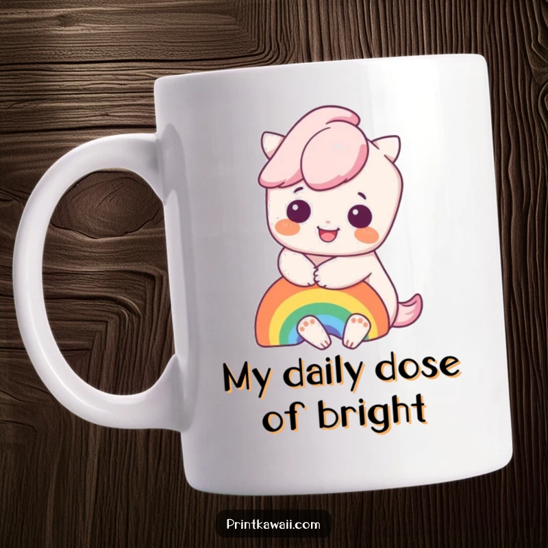 Funny mug featuring a super cute kawaii character joyfully hugging a bright rainbow, symbolizing happiness and optimism for a delightful gift.
