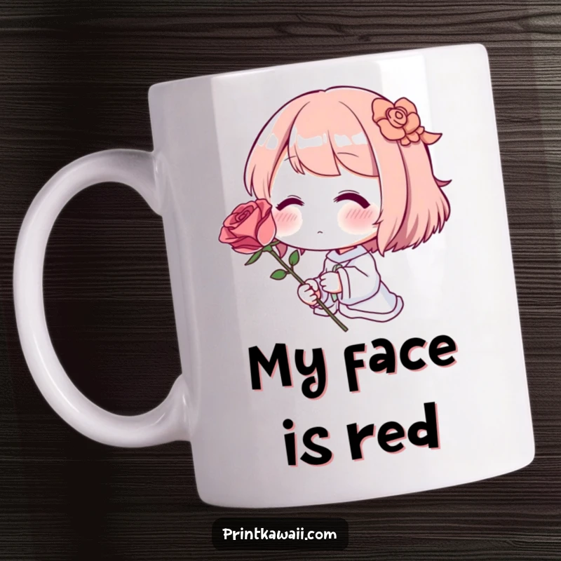 Funny Mug: A character blushing deeply red, holding a single, perfect red rose with a shy smile.