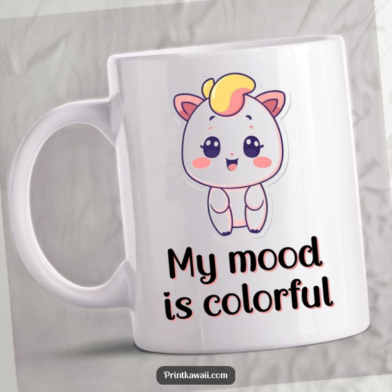 Funny rainbow character mug with a surprised yet smiling expression, radiating vibrant colors and cheerful, unexpected joy.