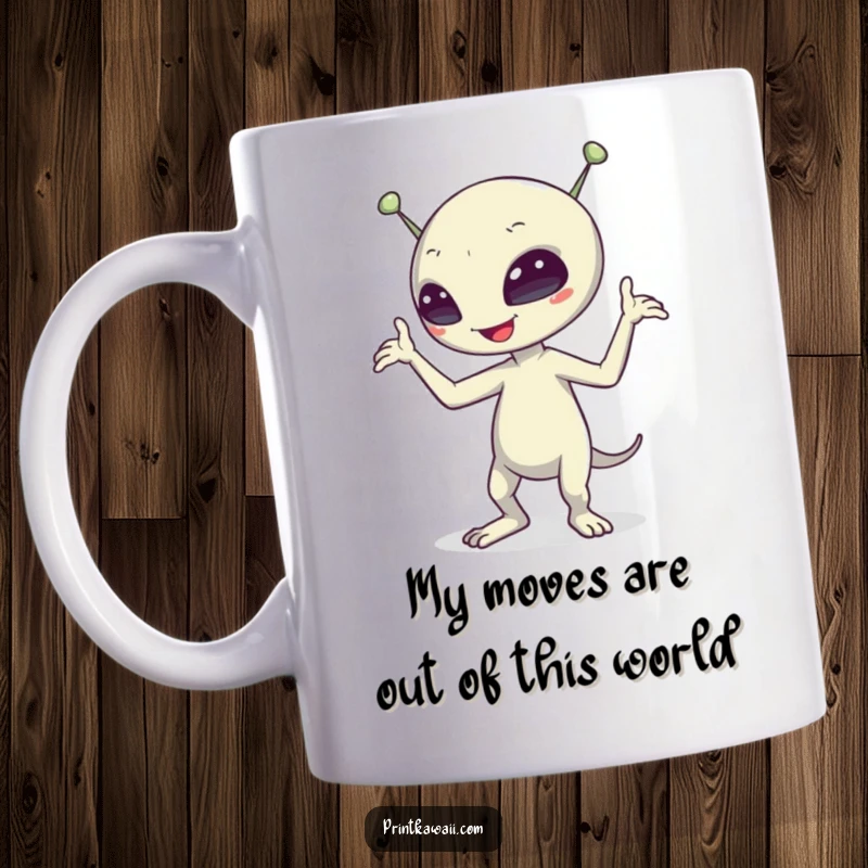 Funny alien character doing a goofy dance on a mug, radiating playful energy and alien charm, perfect for a space enthusiast.