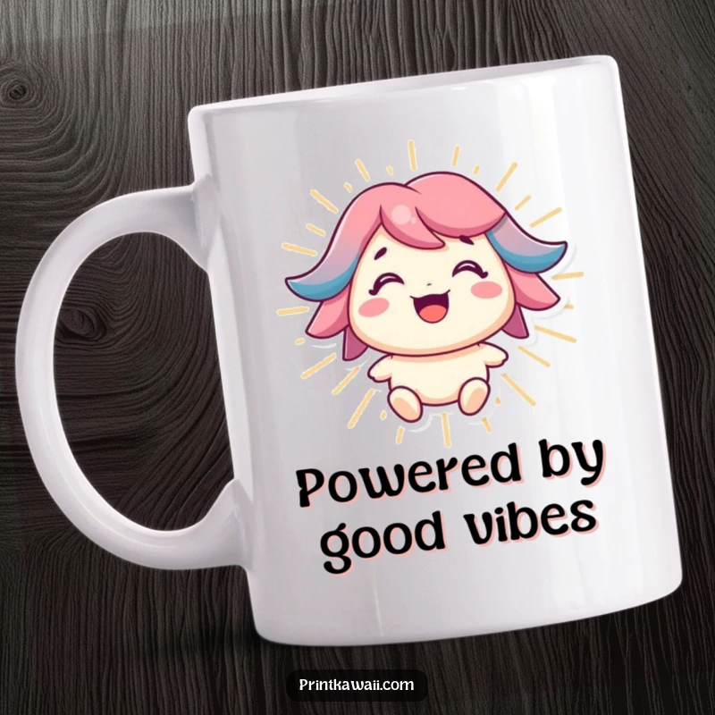 Funny mug with a character beaming with a bright smile, surrounded by radiating positive energy, spreading good vibes.