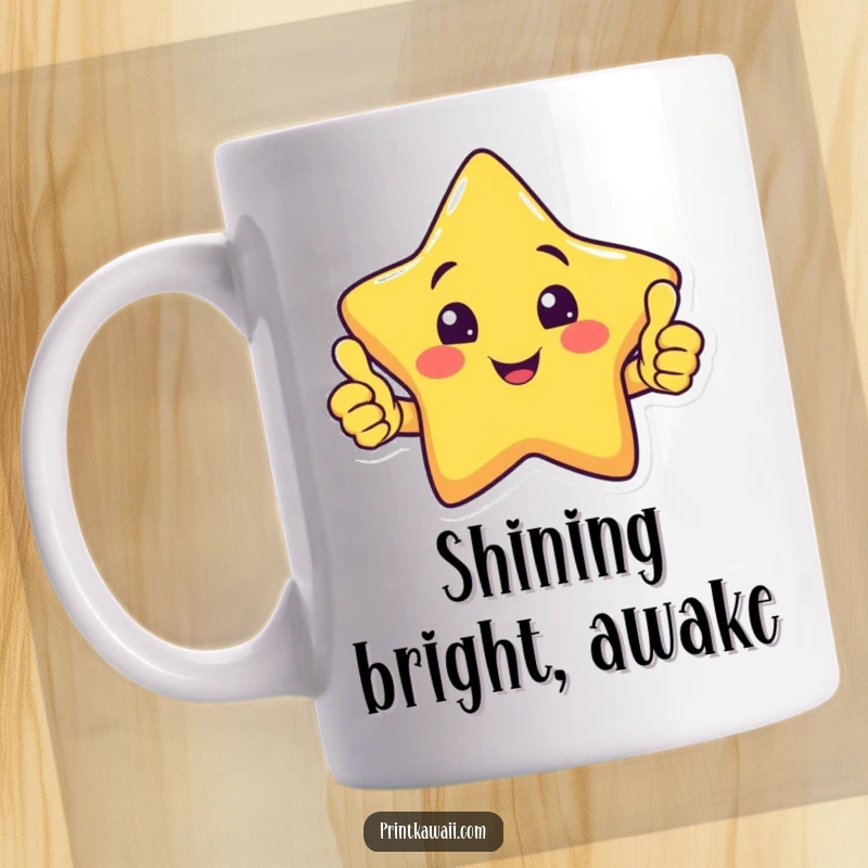 Funny ceramic mug with a smiling star character giving a confident double thumbs up, radiating pure joy and approval.