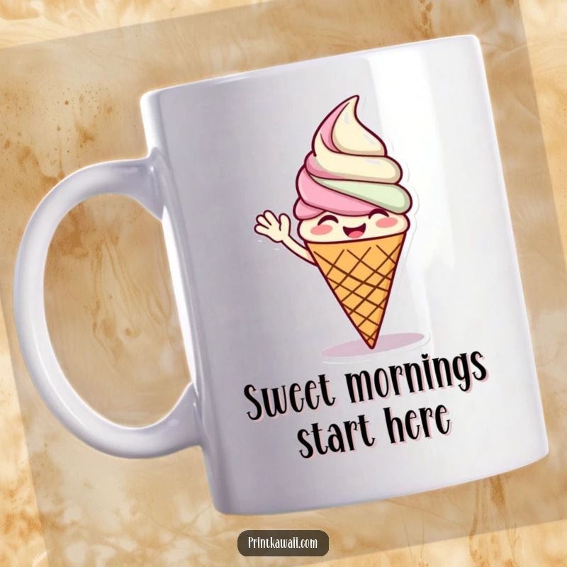 Funny ice cream cone mug featuring a giggling character happily waving, embodying sweet joy and a love for frozen treats.