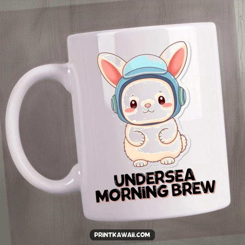 Funny mug with a fluffy bunny character wearing a tiny, oversized diving helmet, humorously ready for aquatic adventures.