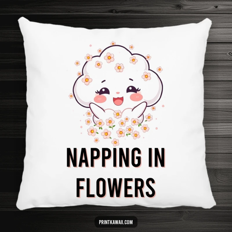 Funny Pillow with a joyful cloud character showering blossoms, offering serene comfort and a touch of blooming decor.