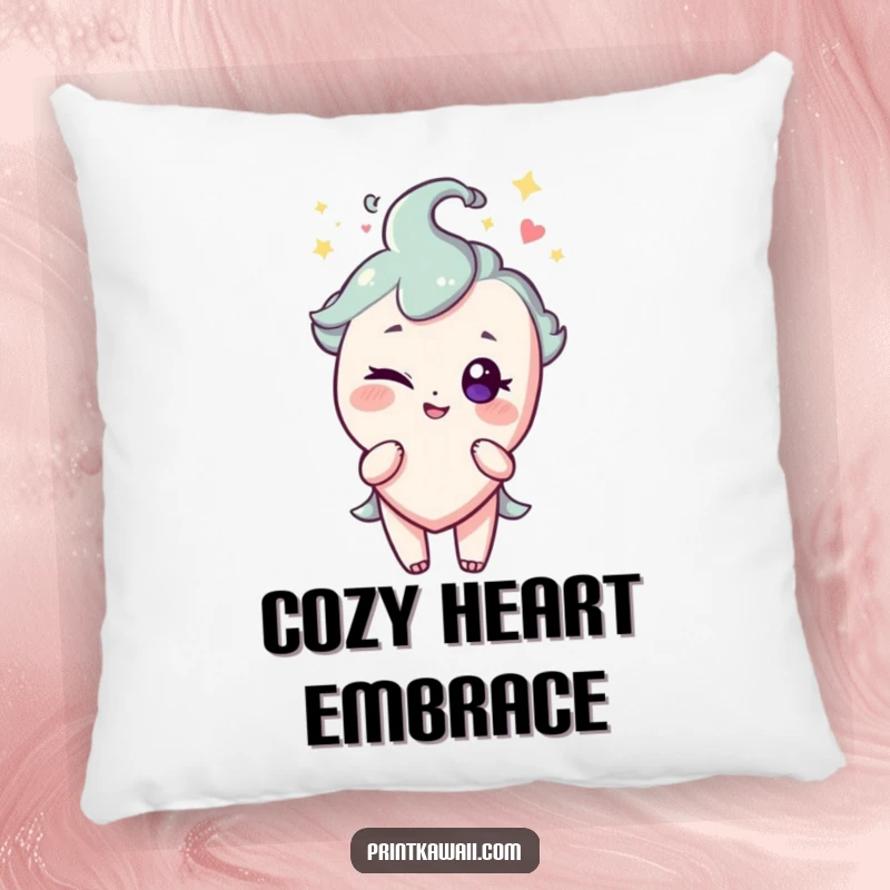 Funny pillow with a sparkling heart character giving a playful wink, offering comfort and a flirty touch.