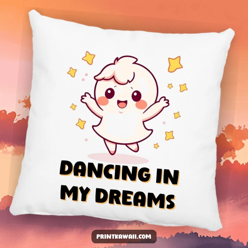 Funny Kawaii Dance Pillow: Cute character doing a happy dance with stars, offering cozy comfort and playful vibes.