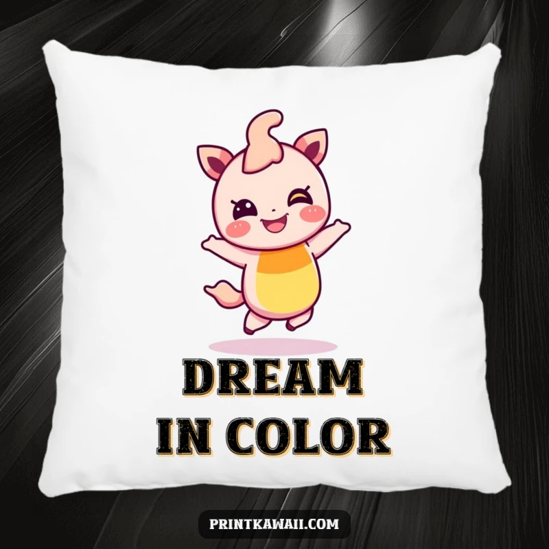 Funny pillow featuring a giggling rainbow character joyfully hopping, offering a soft touch of cheerful humor and cozy comfort.