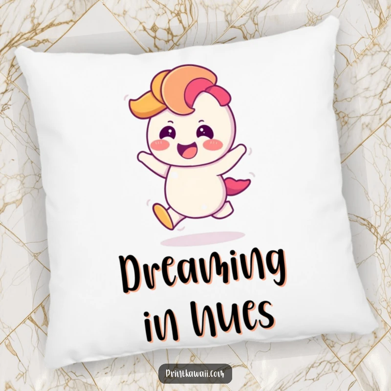 Funny Pillow with a giggling rainbow character doing a cheerful hop, offering vibrant comfort and a touch of playful decor.