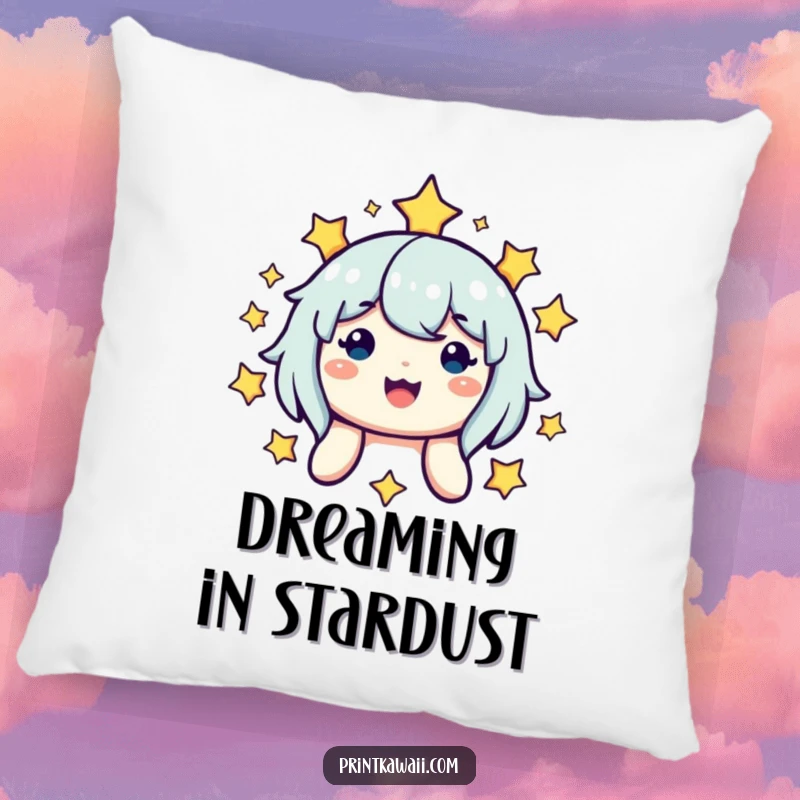 Funny throw pillow with a cute, smiling character beaming brightly among twinkling stars, offering comfort and a touch of celestial whimsy.