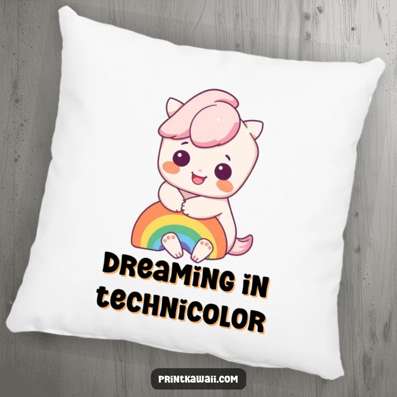 Funny pillow designed with a cute kawaii character hugging a vibrant rainbow, perfect for adding a touch of joy and comfort.