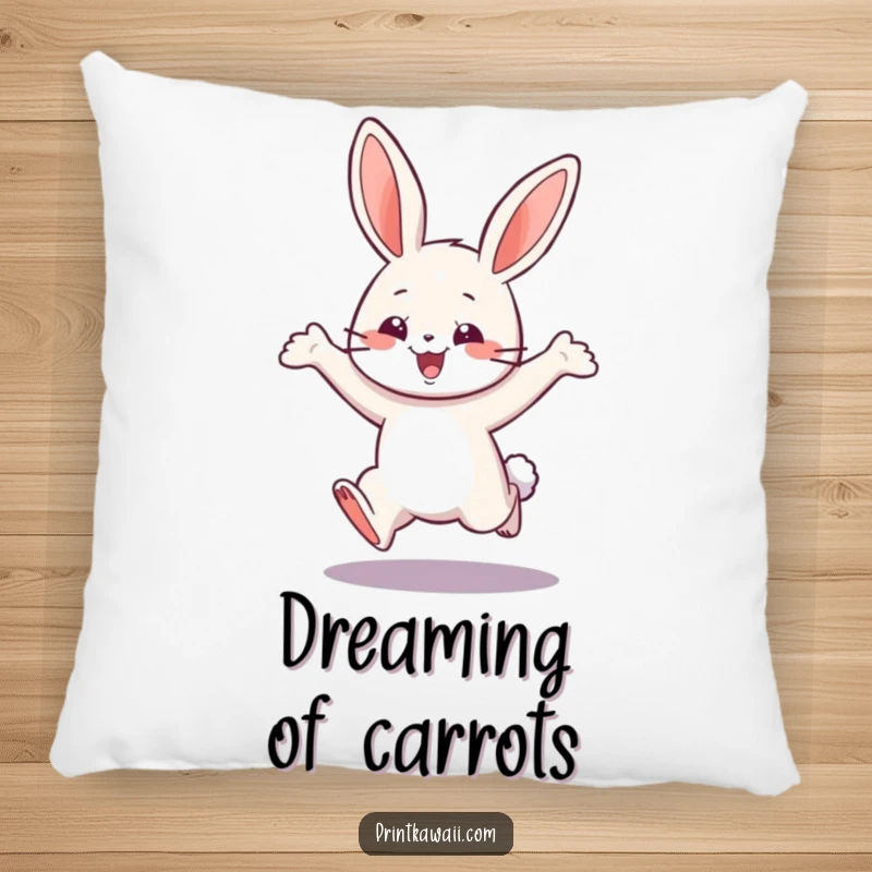 Funny pillow featuring a playful bunny character in a happy leap, offering cozy comfort and a symbol of joy.