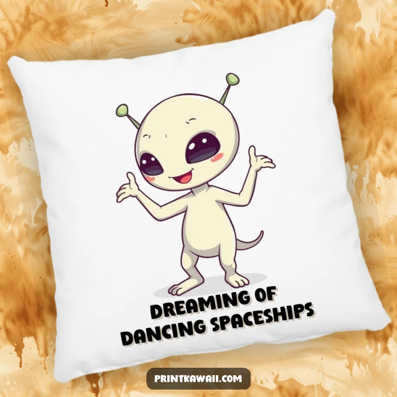 Funny alien character in a funny dance pose on a soft pillow, providing comfort and a dose of extraterrestrial humor.