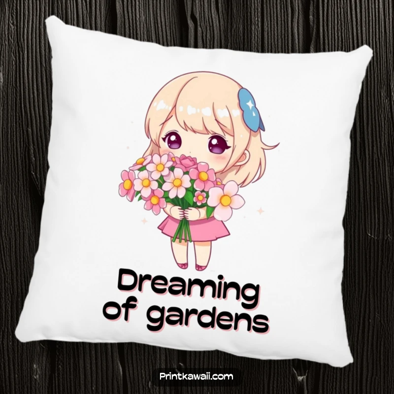 Funny pillow showcasing a cute character holding a bouquet of sparkling flowers, offering comfort and a symbol of cheerful beauty.