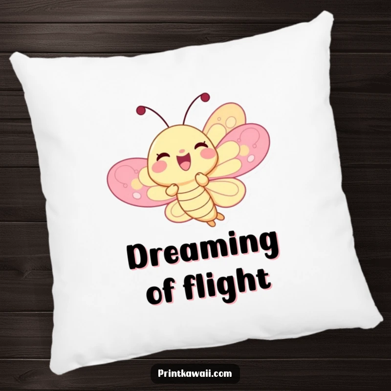 Funny delighted butterfly character on a pillow, fluttering joyfully, soft and comfortable with a vibrant, happy design, funny gift.