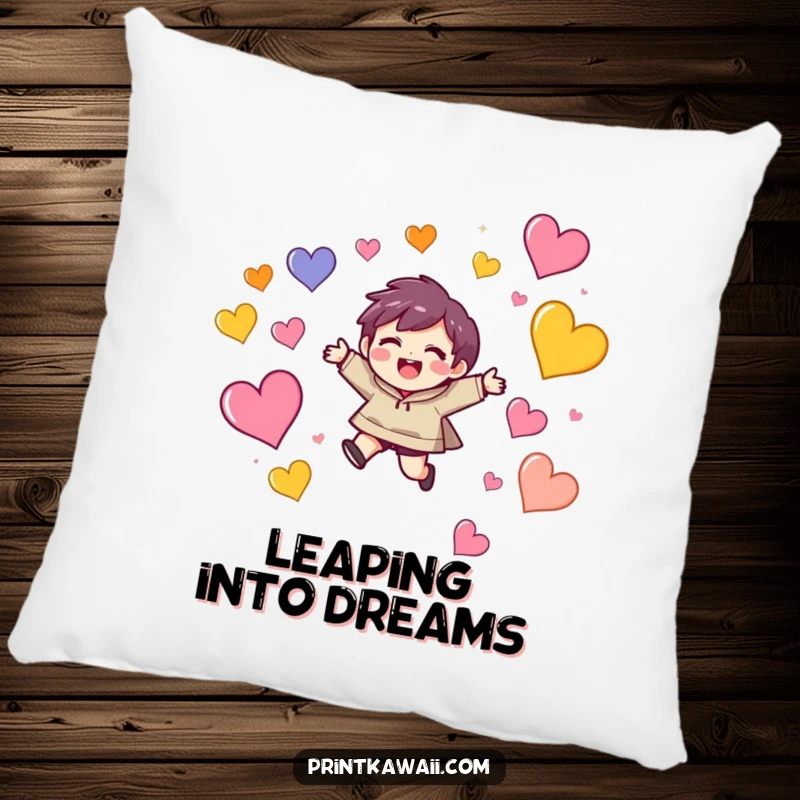 Funny decorative pillow with a character showing delight as they leap joyfully amidst colorful, floating hearts.
