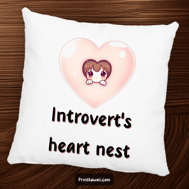 Funny decorative pillow with a shy character peeking from behind a large, glistening heart, perfect for adding sweet comfort.