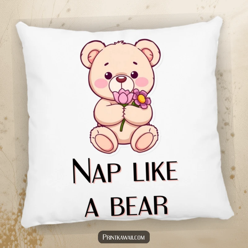 Funny pillow with a content teddy bear holding a flower, perfect for adding a touch of sweet comfort and a heartwarming feel to any room.