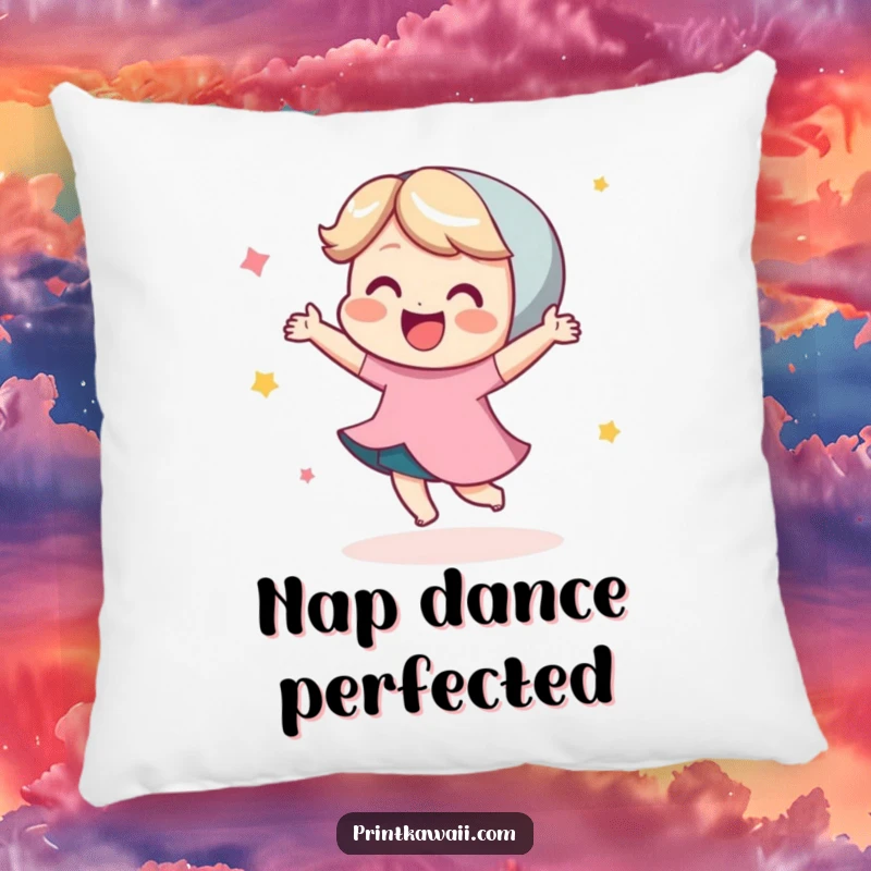 Funny throw pillow depicting a cute character in a joyful, happy little dance, offering comfort and a vibrant dose of infectious glee.