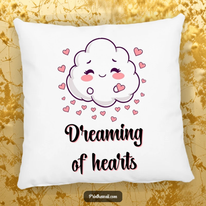 Funny pillow with a whimsical cloud character playfully raining tiny hearts, for cozy comfort and sweet dreams.