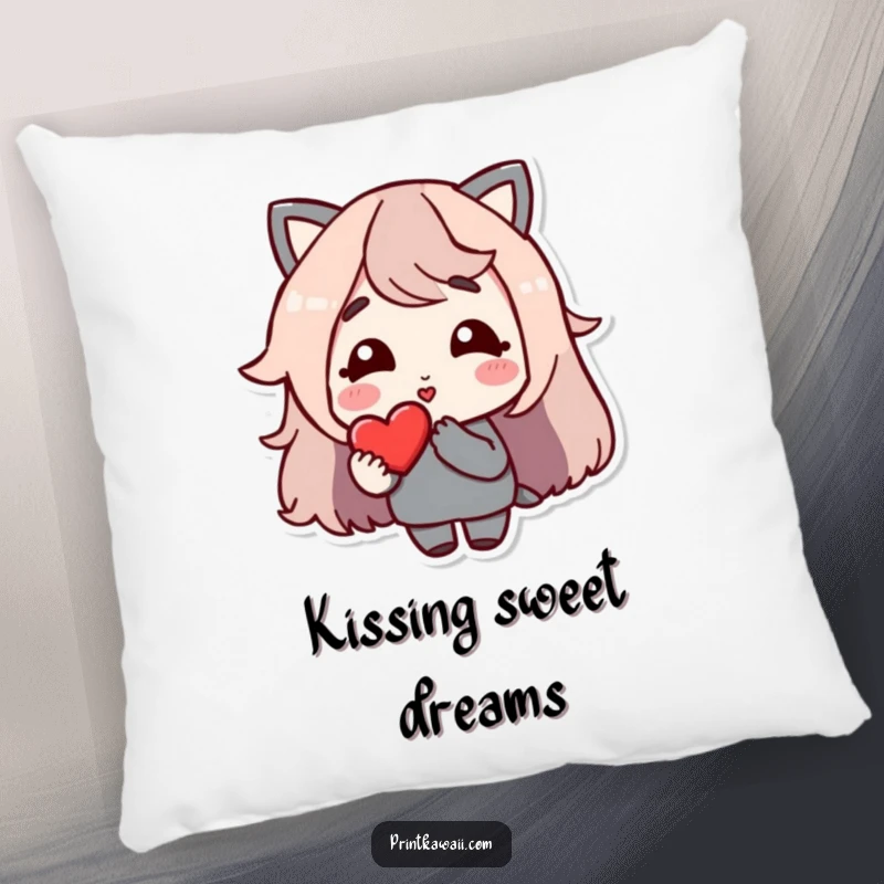 Funny Pillow: A character with a gentle smile blowing a kiss towards a beautifully rendered heart.
