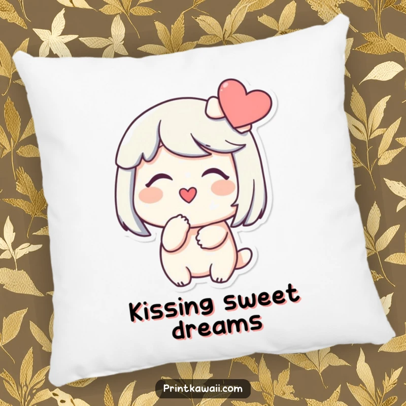 Funny pillow with a character smiling gently, blowing a kiss towards a heart, perfect for comfort and showing sweet affection.