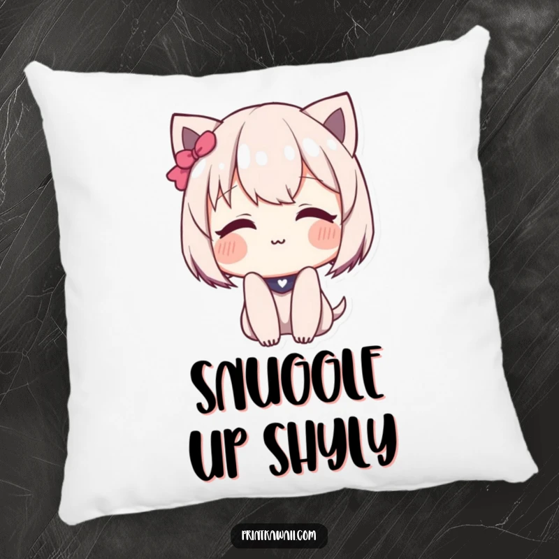 Funny Pillow with a cute character blushing deeply and offering a sweet, shy smile.