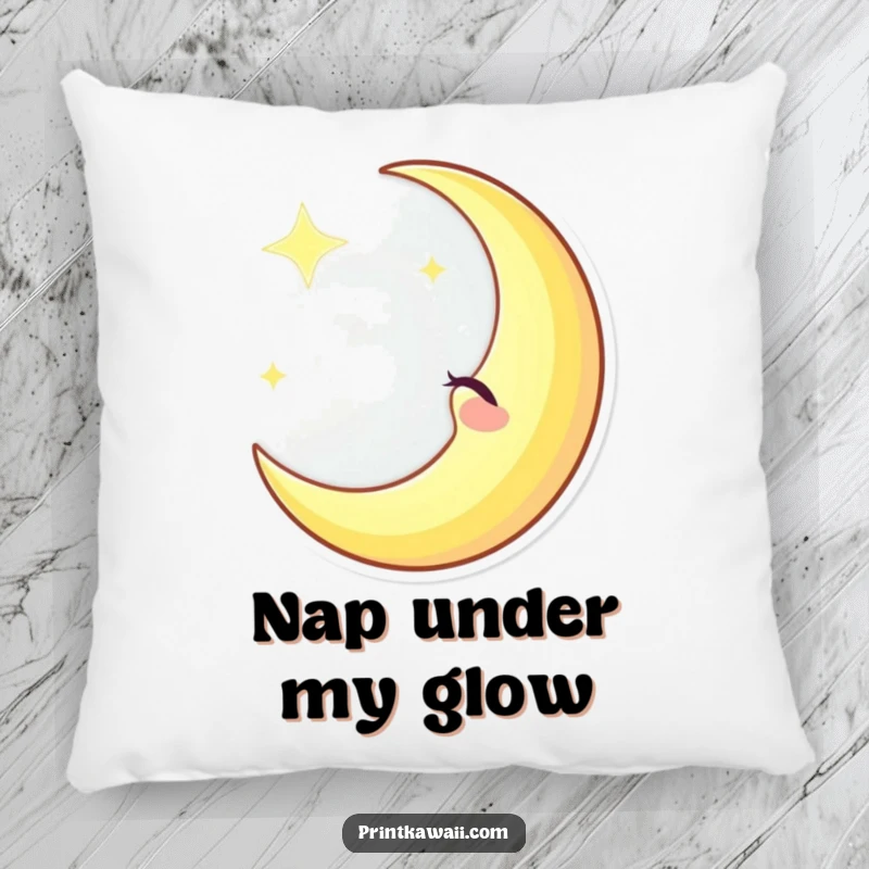 Funny winking crescent moon character on a pillow, emitting a gentle glow, soft and cozy with a humorous celestial touch, funny gift.