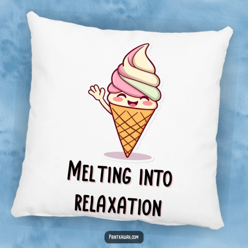 Funny, soft pillow featuring a giggling ice cream cone character waving, providing comfort and a cheerful, sweet aesthetic.
