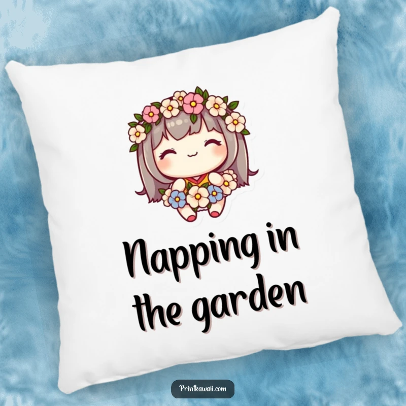 Funny pillow with a cute kawaii character wearing a flower garland and smiling sweetly, offering gentle comfort.