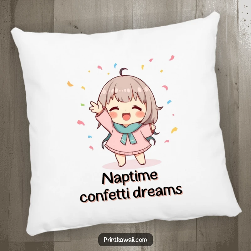 Funny pillow featuring a cute character in a playful pose catching falling confetti, perfect for cozy playfulness.