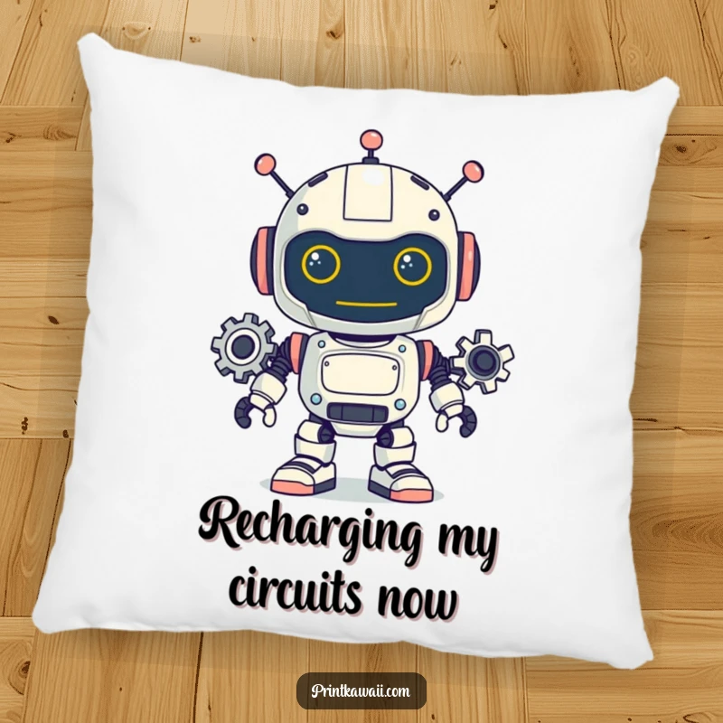 Funny decorative pillow featuring a playful robot character with its gears turning, offering comfort and a touch of whimsical humor.