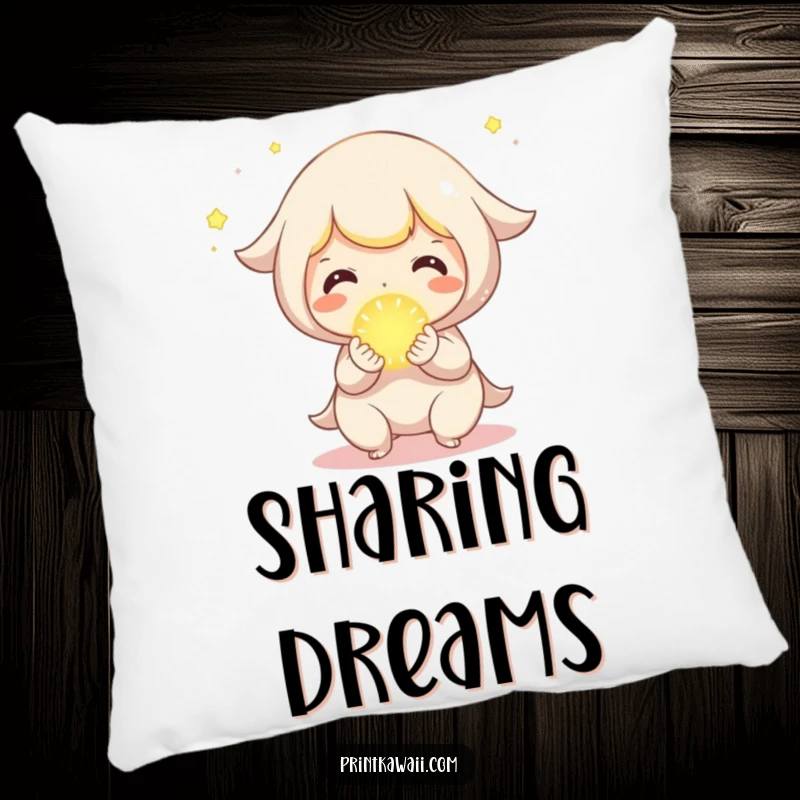 Funny Pillow with a cute character joyfully sharing a small, glowing orb, symbolizing warmth.