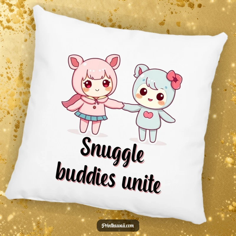 Funny pillow with two cute kawaii characters holding hands, offering comfort and a symbol of gentle affection.