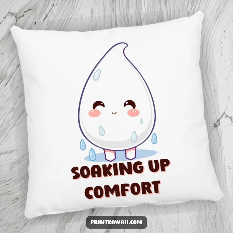 Funny Pillow featuring a plump, happy raindrop character dripping with joy, offering comfort and a cheerful decorative touch.