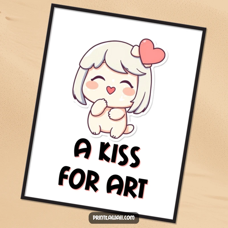 Funny digital art print of a character smiling gently, blowing a kiss towards a heart, perfect for decoration and showing affection.