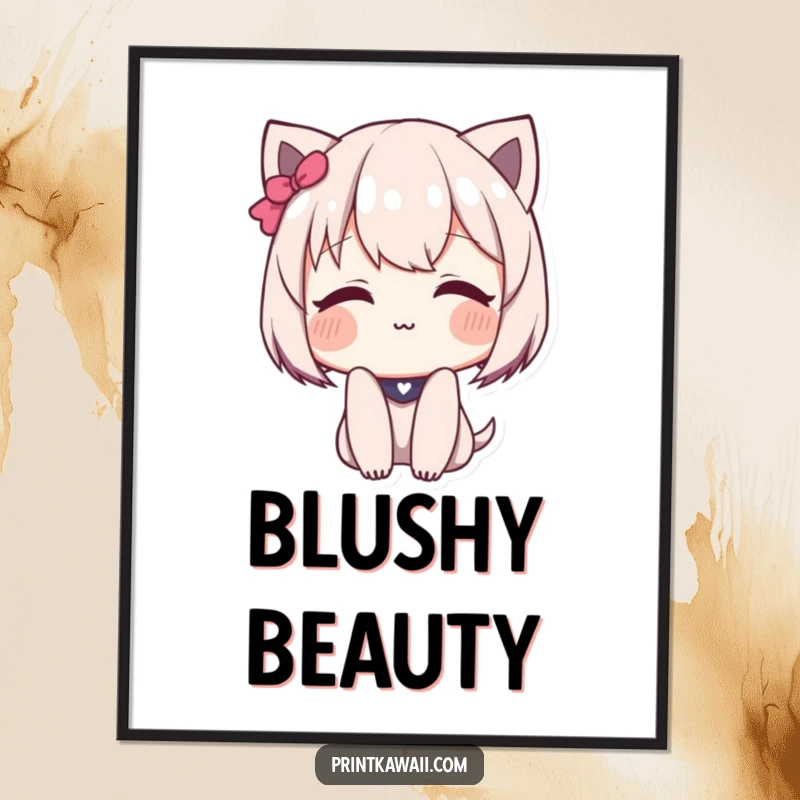 Funny Digital Art Print of a cute character blushing deeply with a sweet, shy smile.